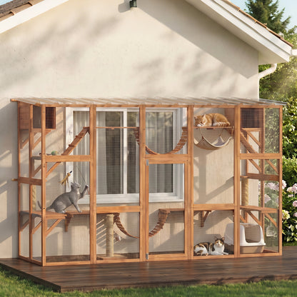 PawHut Catio Playground Cat Window Box Outside Enclosure for Multiple Cats w/ Shelves & Bridges, Orange