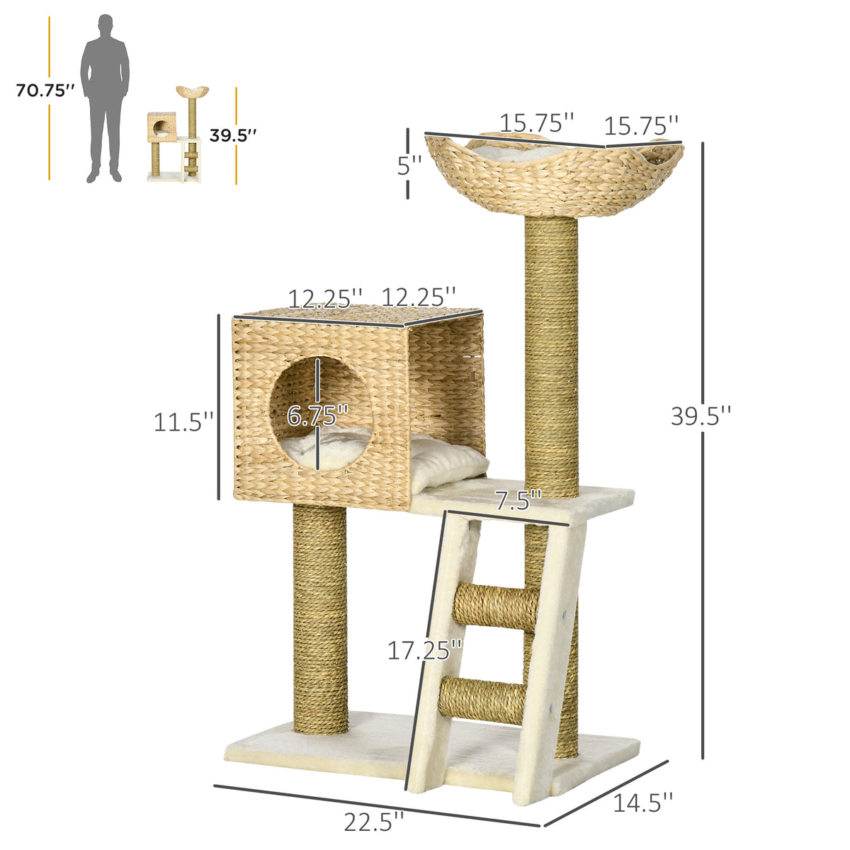 PawHut Modern Cat Tree with Condo Scratching Posts Bed Ladder Washable Cushions Natural | Aosom.com