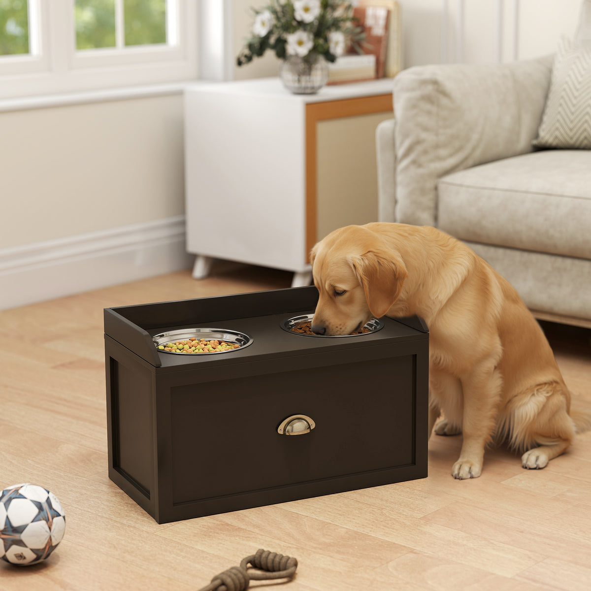 PawHut Large Elevated Dog Bowls with Storage Drawer Containing 21L Capacity Raised Dog Feeding Station with 2 Stainless Steel Bowls Brown | Aosom.com
