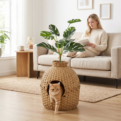 PawHut Hidden Cat Litter Box Enclosure with Faux Plant & Stainless Steel Tray for Bedroom, Living Room, Corner