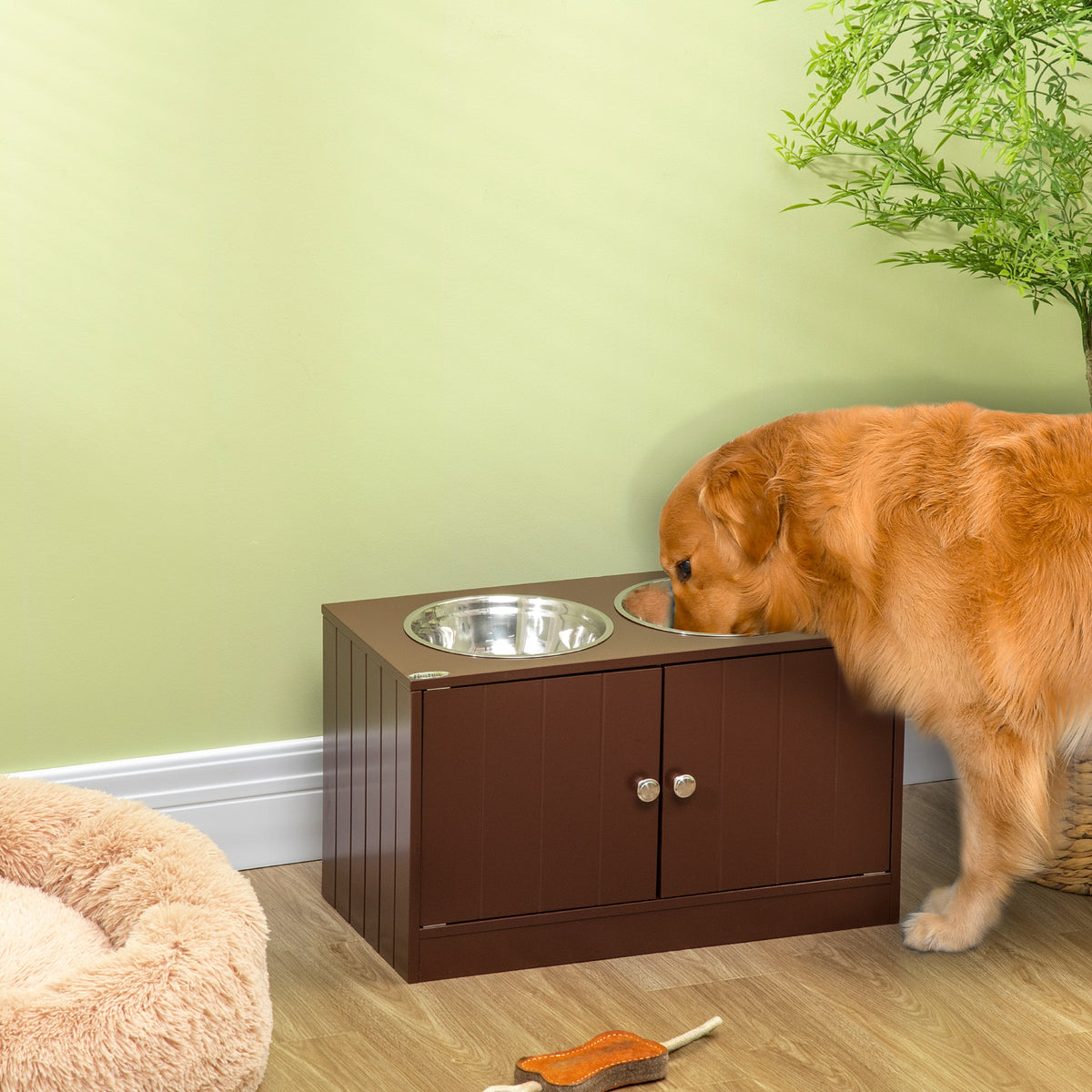 PawHut Elevated Dog Bowls with Storage Cabinet, Raised Dog Bowl Stand Pet Food Bowl Dog Feeding Station, Brown | Aosom.com