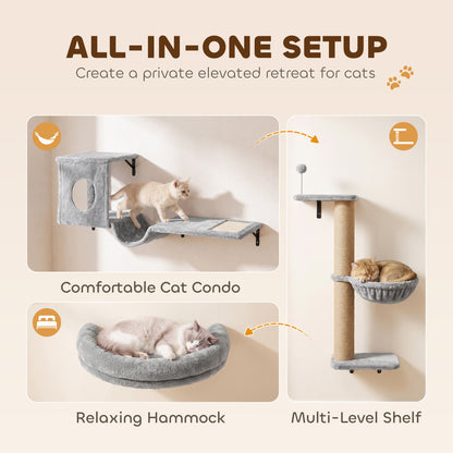 PawHut 3-In-1 Cat Wall Shelves with Condo, Bed, Hammock, Scratching Post and Spring Ball, Gray