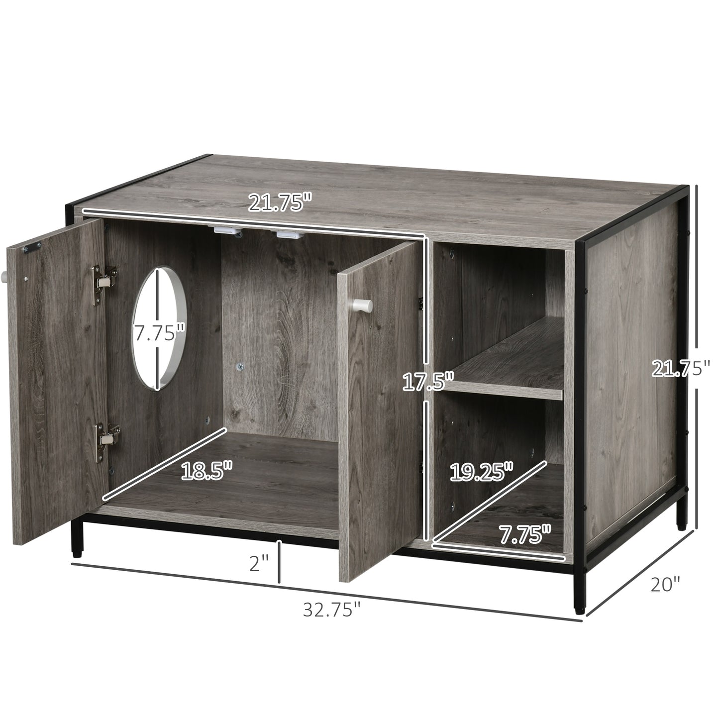 PawHut Cat Litter Box Enclosure Hidden Cat Furniture Cabinet Indoor Cat Washroom Double-door with Damping Hinge Multiple Storage Place Adjustable Grey