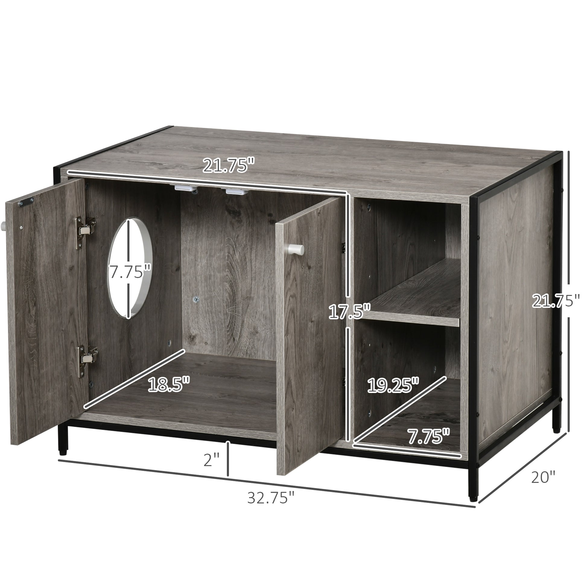 PawHut Cat Litter Box Enclosure Hidden Cat Furniture Cabinet Indoor Cat Washroom Double-door with Damping Hinge Multiple Storage Place Adjustable Grey