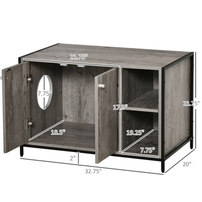 PawHut Cat Litter Box Enclosure Hidden Cat Furniture Cabinet Indoor Cat Washroom Double-door with Damping Hinge Multiple Storage Place Adjustable Grey