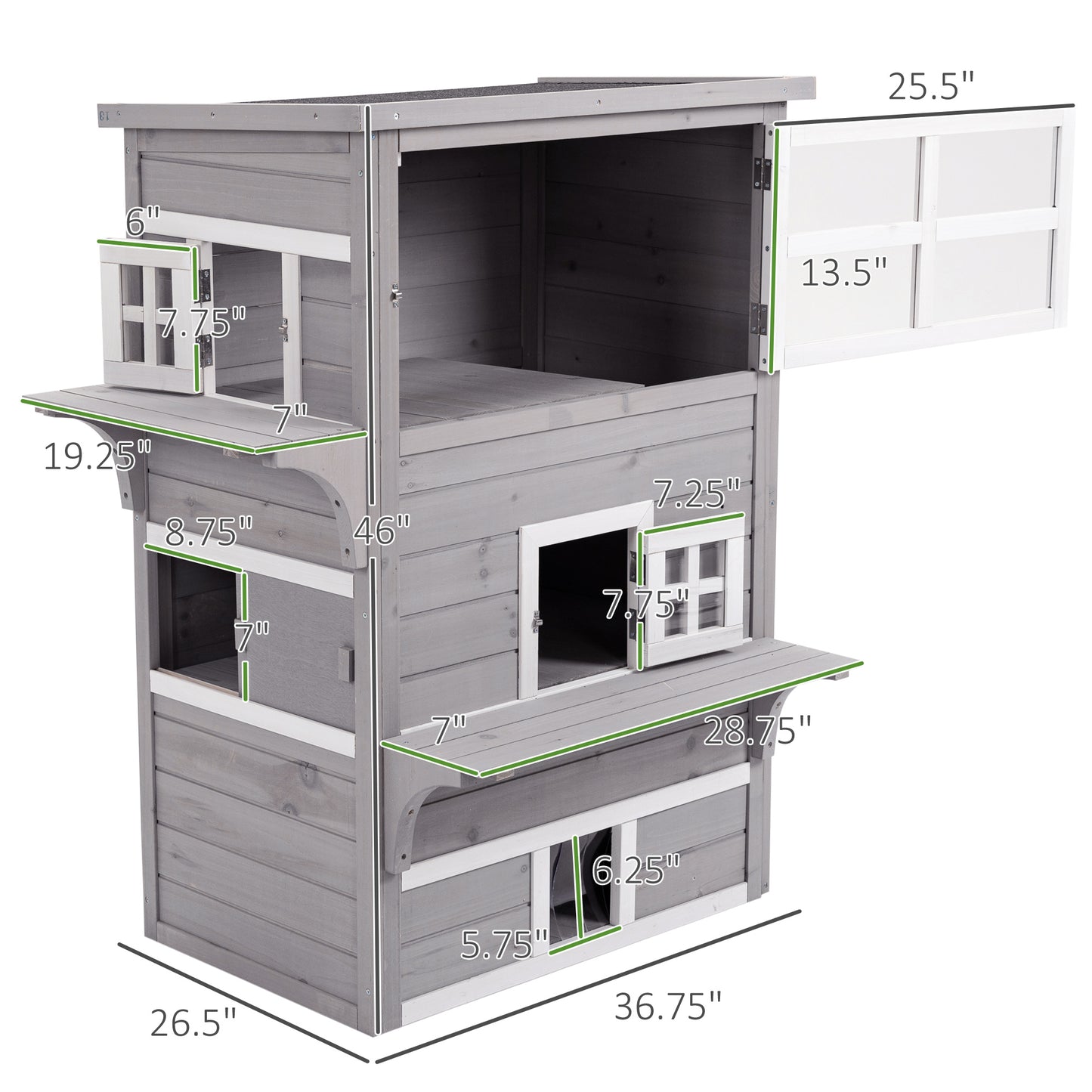PawHut 3-Tier Feral Cat House Outdoor Kitten Condo with Raised Floor Asphalt Roof Escape Door Jumping Platform Gray | Aosom.com