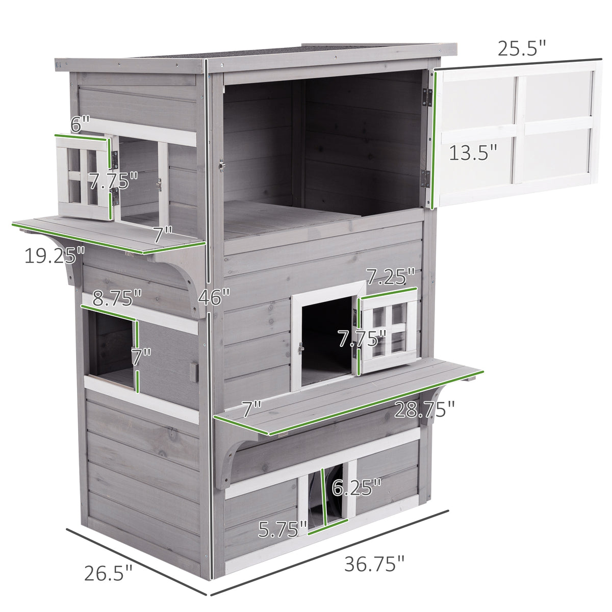 PawHut 3-Tier Feral Cat House Outdoor Kitten Condo with Raised Floor Asphalt Roof Escape Door Jumping Platform Gray | Aosom.com