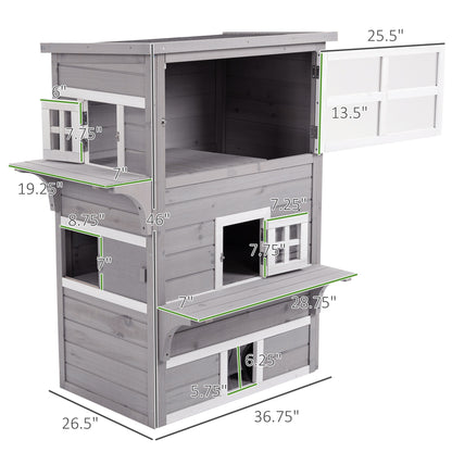 PawHut 3-Tier Feral Cat House Outdoor Kitten Condo with Raised Floor Asphalt Roof Escape Door Jumping Platform Gray | Aosom.com