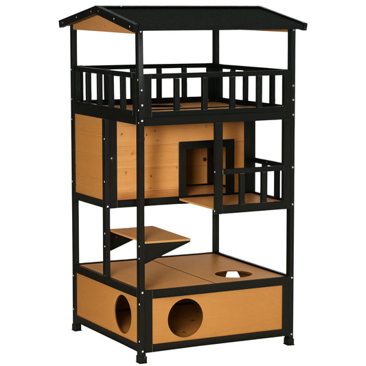PawHut Wooden Outdoor Cat House, Feral Cat Shelter Kitten Tree with Asphalt Roof, Escape Doors, Condo, Jumping Platform, Yellow|Aosom.com