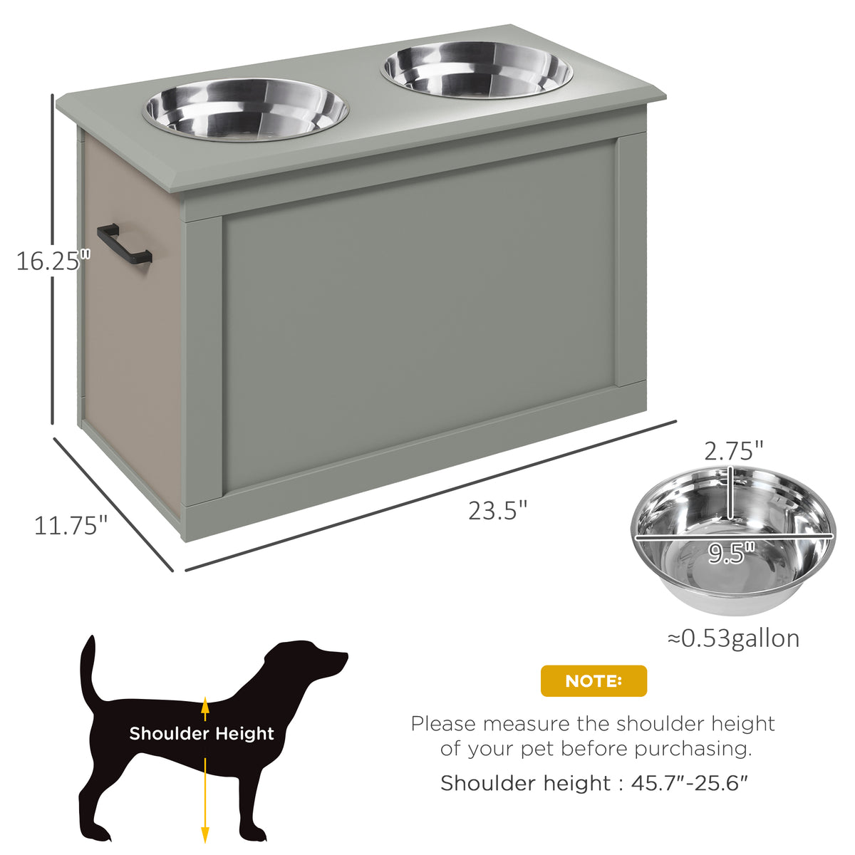 PawHut Raised Dog Feeding Station with 2 Stainless Steel Bowls and Storage for Large Dogs and Other Large Pets Gray