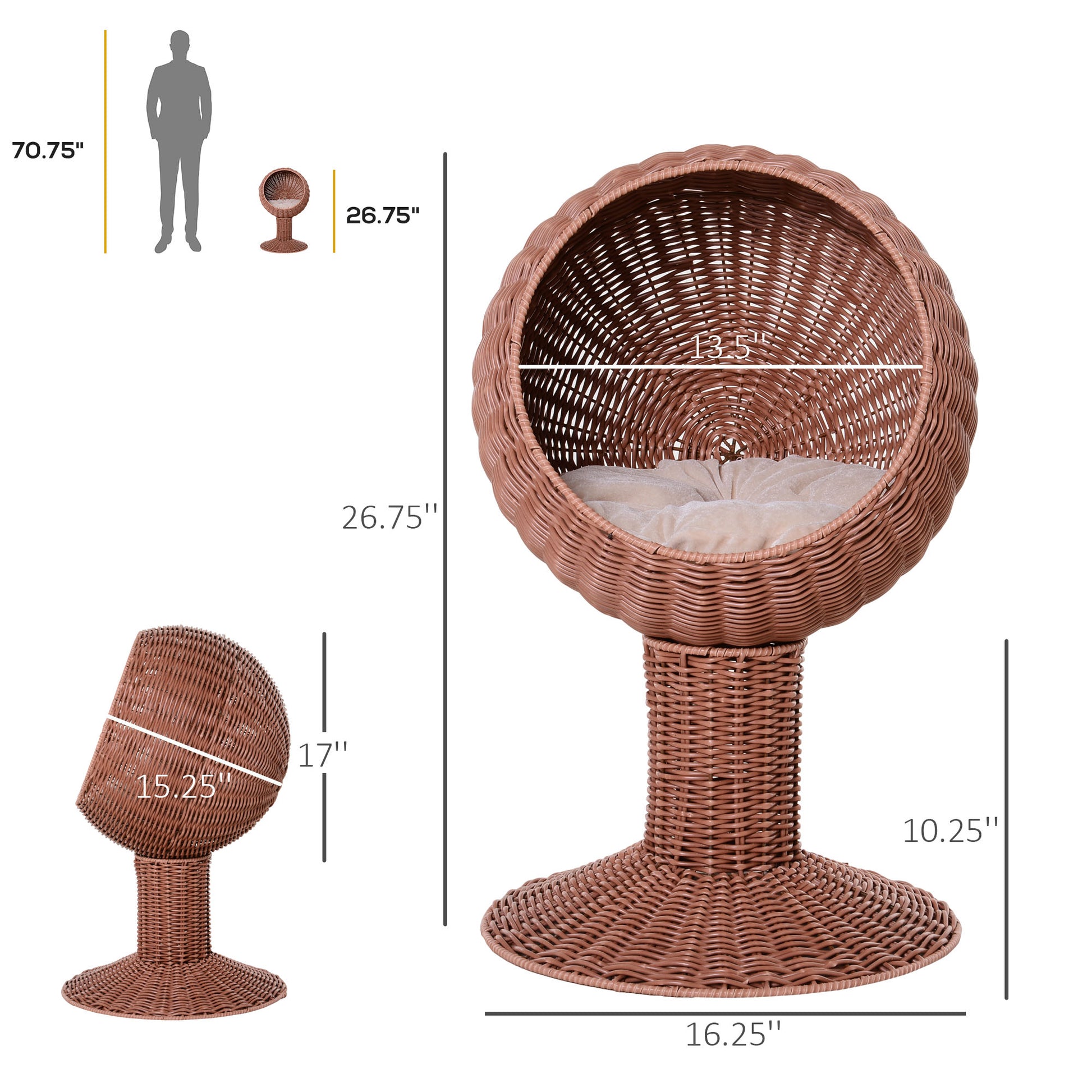 PawHut Elevated Cat Bed, Rotatable Egg Chair Pod, Thick Cushion, Natural Mat Grass Woven Kitty House, Brown | Aosom.com
