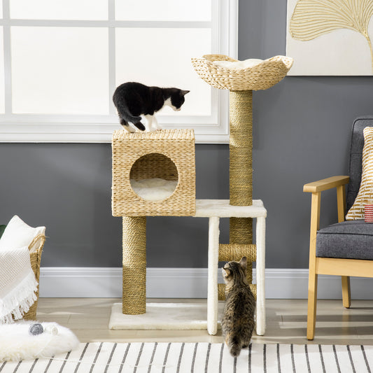 PawHut Modern Cat Tree with Condo Scratching Posts Bed Ladder Washable Cushions Natural | Aosom.com