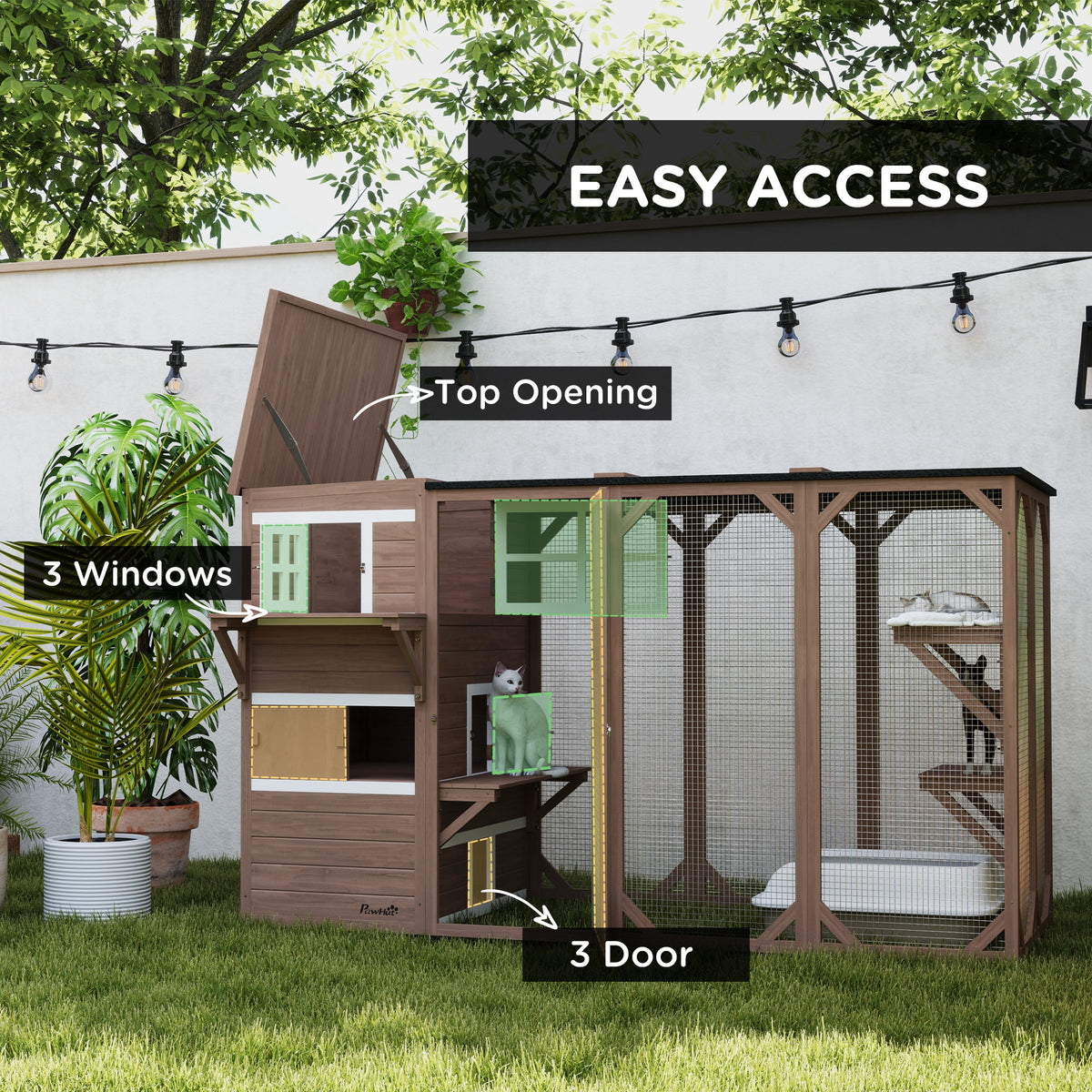 PawHut Large Outdoor Cat House for 3 Kitties, Multi-Level Design with Big Hiding Areas 2 Stories & Multiple Platforms Cat Condo