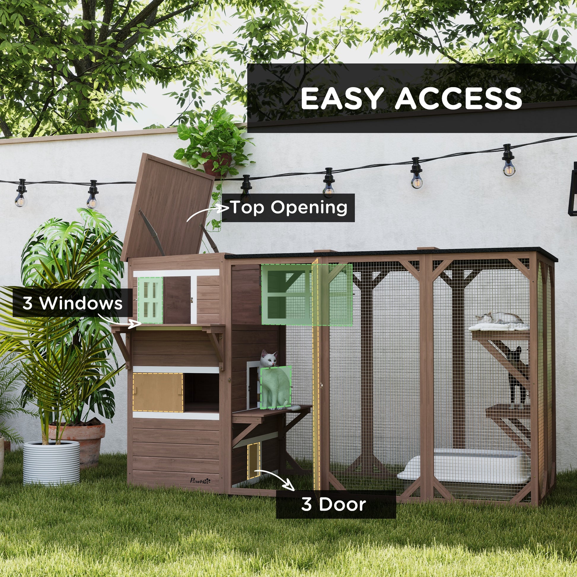 PawHut Large Outdoor Cat House for 3 Kitties, Multi-Level Design with Big Hiding Areas 2 Stories & Multiple Platforms Cat Condo