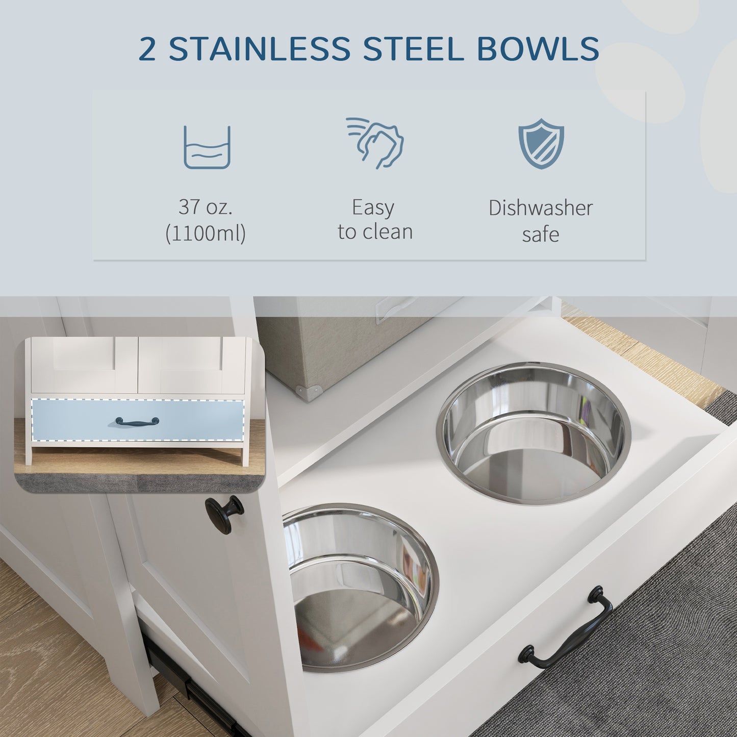 PawHut Pet Feeding Station for Medium Dogs, White, with Storage, Raised Bowls, Adjustable Panel, Hooks | Aosom.com