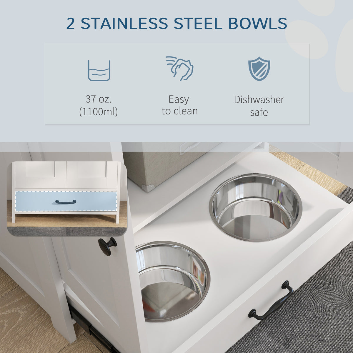 PawHut Pet Feeding Station for Medium Dogs, White, with Storage, Raised Bowls, Adjustable Panel, Hooks | Aosom.com