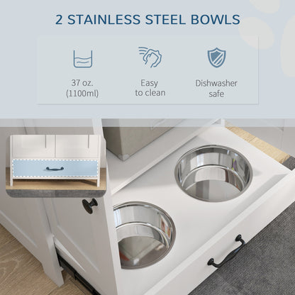 PawHut Pet Feeding Station for Medium Dogs, White, with Storage, Raised Bowls, Adjustable Panel, Hooks | Aosom.com