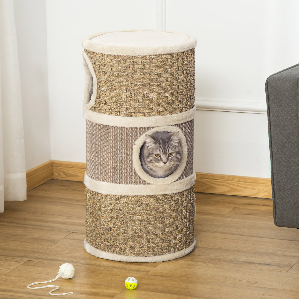 PawHut 28" Multi-Level Cat Condo with Sisal Scratching Pad 3 Story Hideaway for Cats Brown | Aosom.com