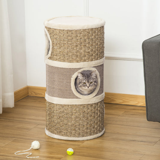 PawHut 28" Multi-Level Cat Condo with Sisal Scratching Pad 3 Story Hideaway for Cats Brown | Aosom.com