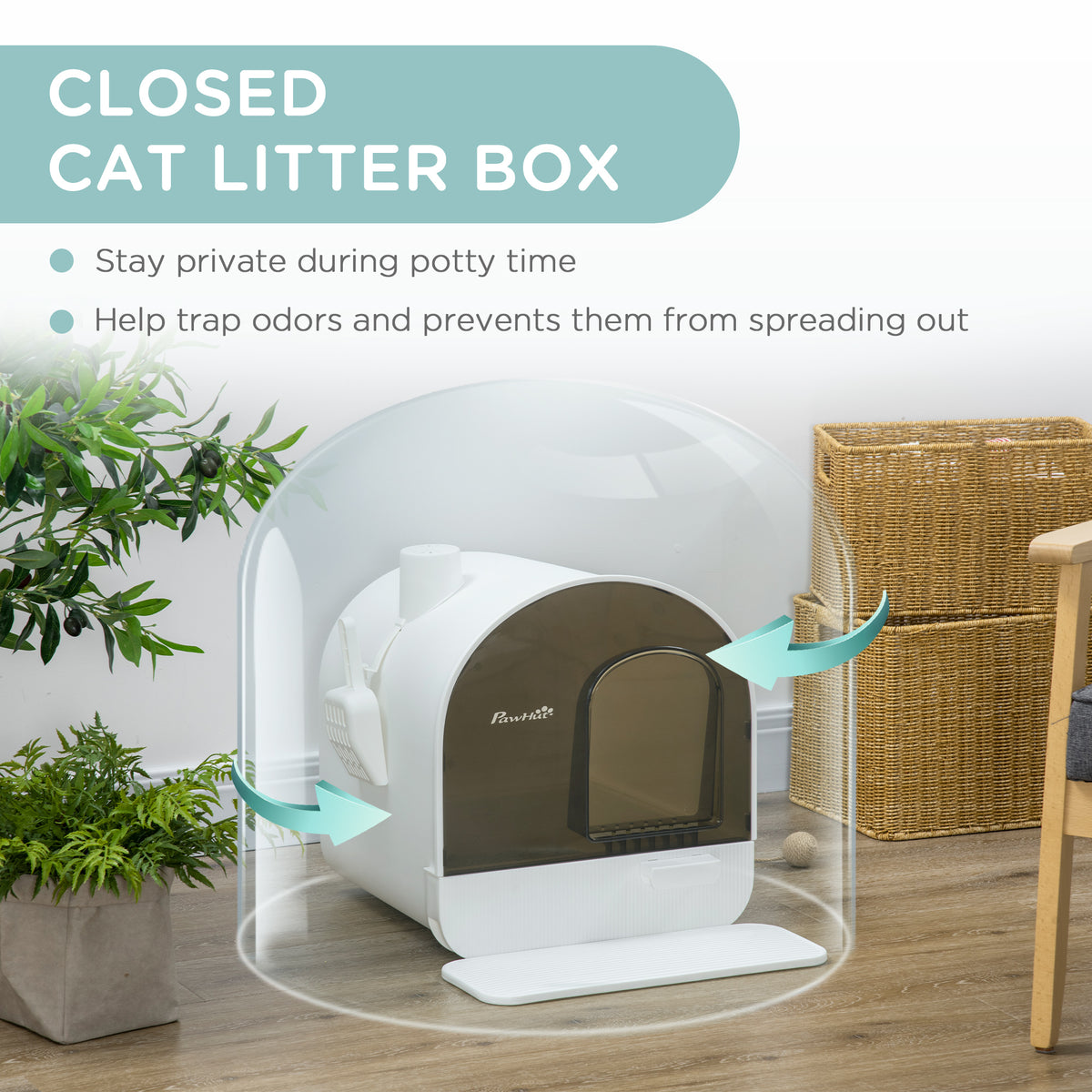 PawHut Covered Cat Litter Box with Lid, Scoop, and Filter, Sleek White | Aosom.com