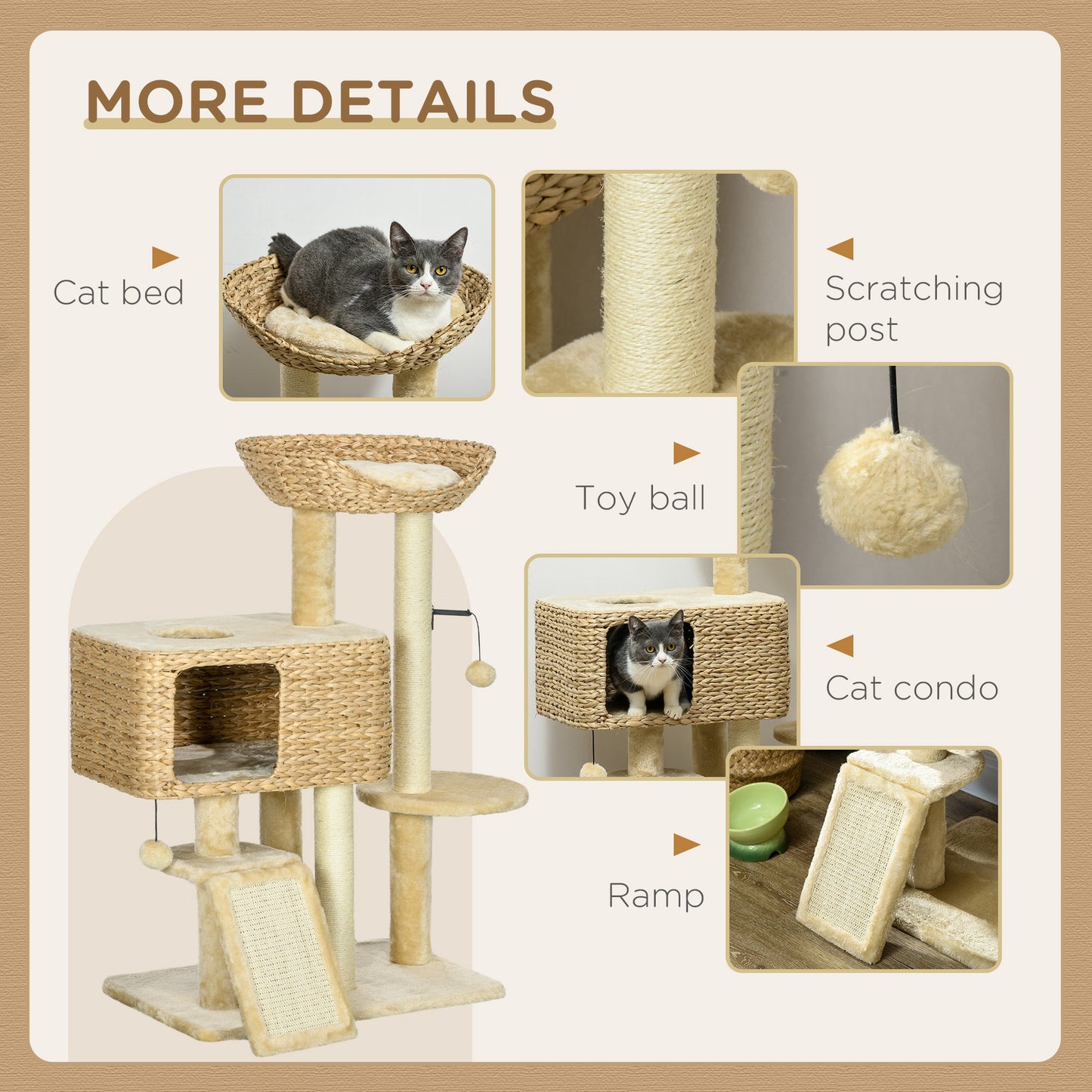 PawHut Cat Tree Tower for Indoor Cats with Scratching Posts Condo Beige | Aosom.com