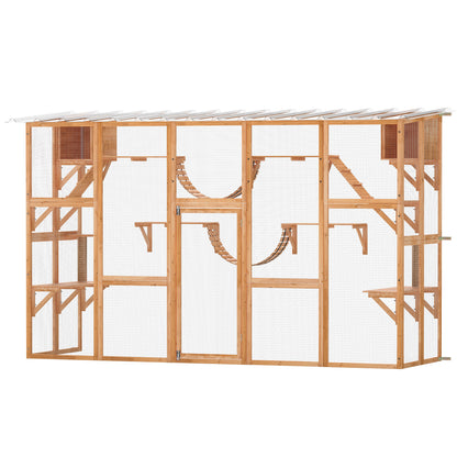 PawHut Catio Playground Cat Window Box Outside Enclosure for Multiple Cats w/ Shelves & Bridges, Orange