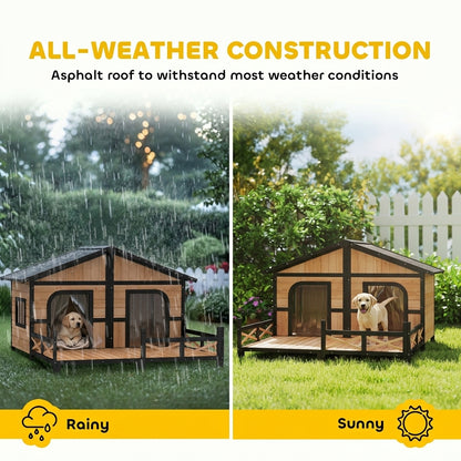 PawHut 59"x64"x39" Large Wooden Dog House Raised Weatherproof Rustic Log Cabin Style Elevated Pet Shelter Porch Deck, Natural