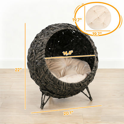 PawHut Rattan Cat Bed, Elevated Handwoven Cat Basket Bed with Soft Cushion and Metal Base
