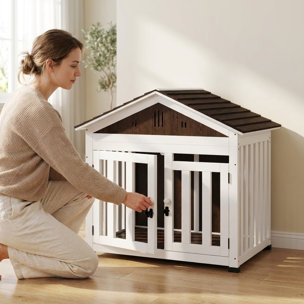 PawHut 40"L Wooden Dog House Outdoor Indoor for Small, Medium, Large Dogs, with Air Vents & Elevated Removable Floor