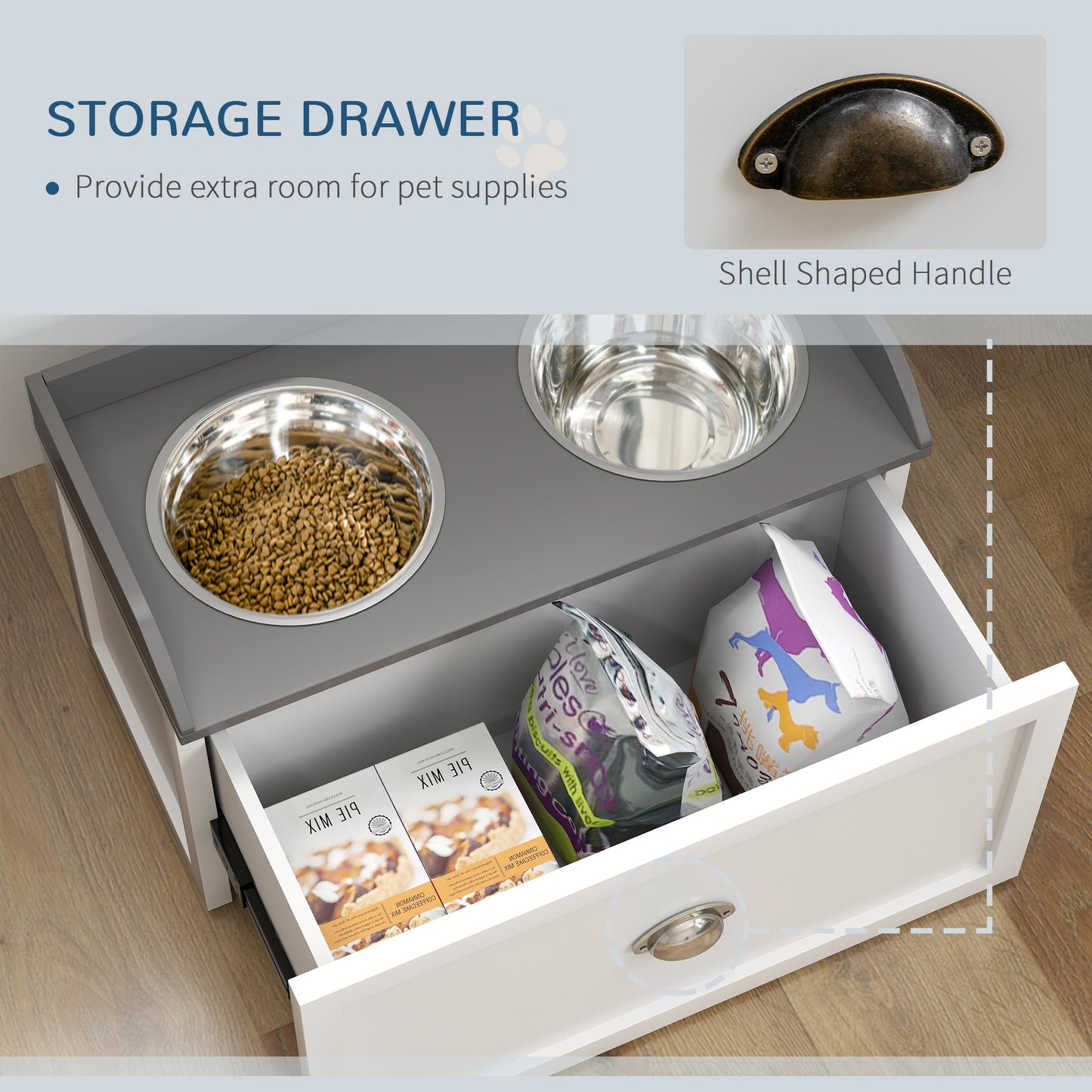 PawHut Raised Pet Feeder, Large Pet Dish Bowl Set with Storage Drawer, 2 Steel Bowls, White | Aosom.com
