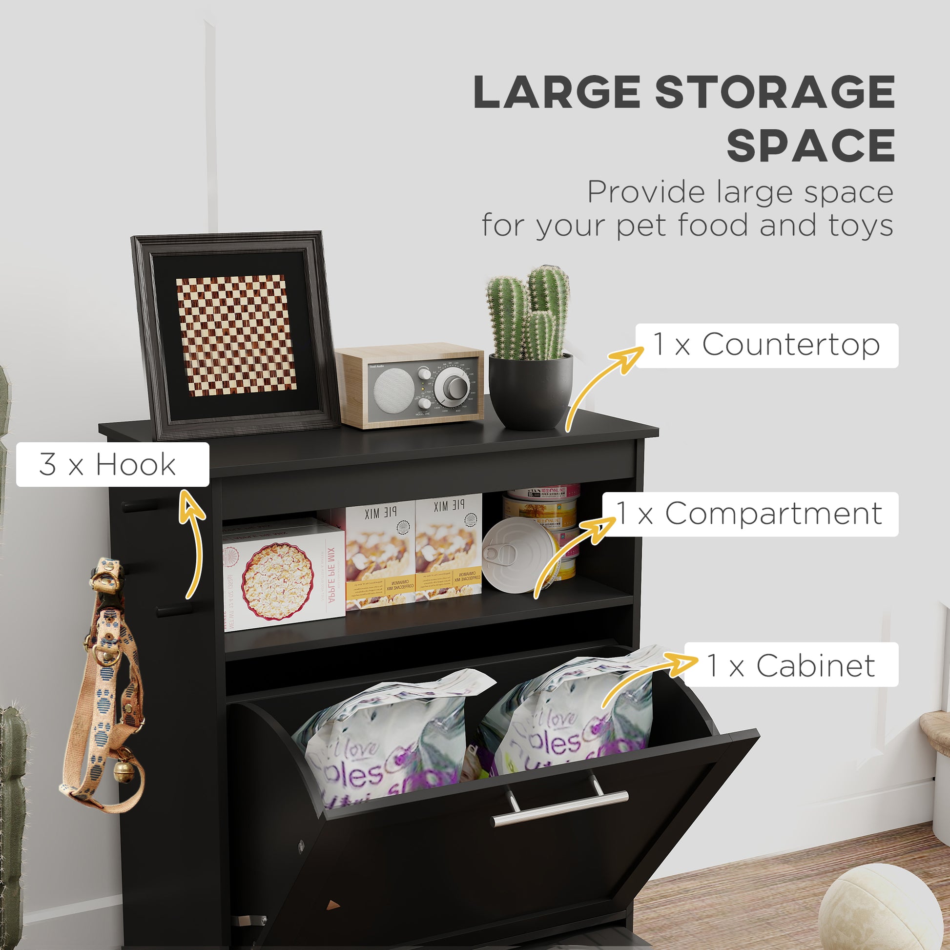 PawHut Pet Feeder Station Storage Cabinet, Dog Food Storage Container with Dog Raised Bowls, Watering Supplies, Black