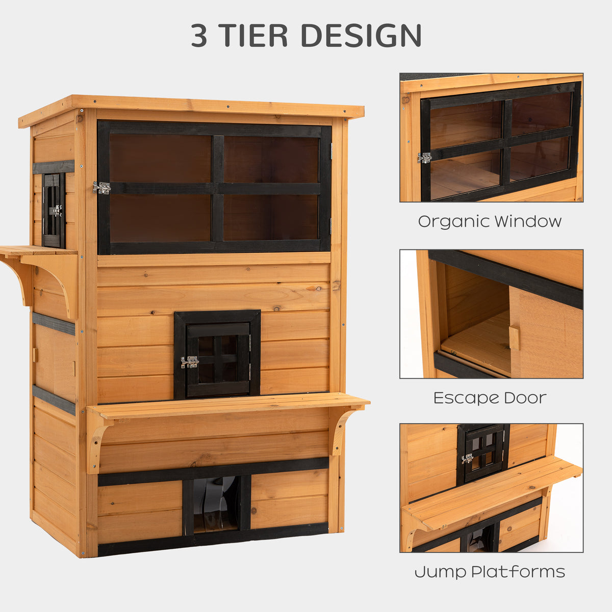 PawHut 3-Tier Cat House Feral Cat House, Outdoor Kitten Condo with Raised Floor, Asphalt Roof, Escape Door, Jumping Platform, Yellow| Aosom.com