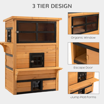 PawHut 3-Tier Cat House Feral Cat House, Outdoor Kitten Condo with Raised Floor, Asphalt Roof, Escape Door, Jumping Platform, Yellow| Aosom.com