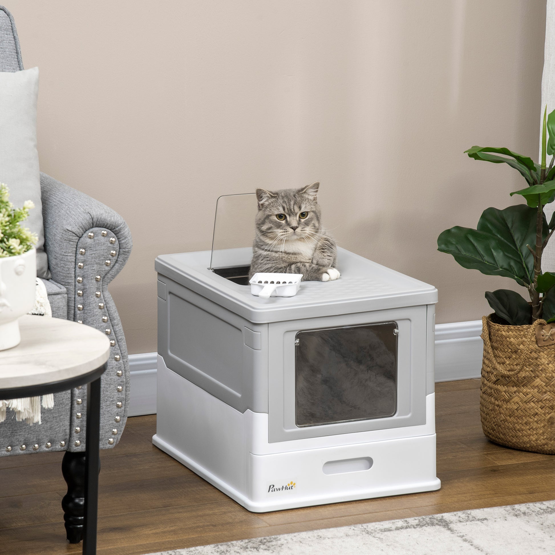 PawHut Fully Enclosed Cat Litter Box, Front Entry, Top Exit, Easy Clean, Gray | Aosom.com