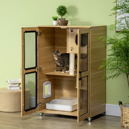 PawHut Cat House with Cat Tree, Kitty Cage with Scratching Posts Condo Cat Enclosure Lockable Wheels, Oak| Aosom.com