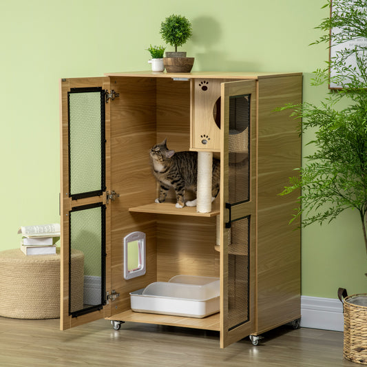 PawHut Cat House with Cat Tree, Kitty Cage with Scratching Posts Condo Cat Enclosure Lockable Wheels, Oak| Aosom.com
