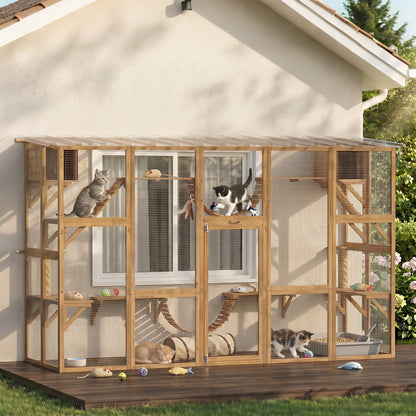 PawHut Catio Playground Cat Window Box Outside Enclosure for Multiple Cats w/ Shelves & Bridges, Yellow