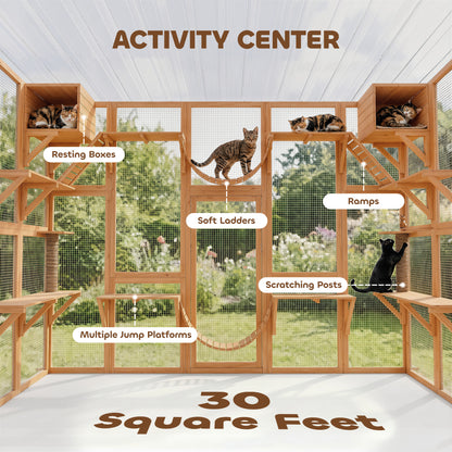 PawHut Catio Playground Cat Window Box Outside Enclosure for Multiple Cats w/ Shelves & Bridges, Orange