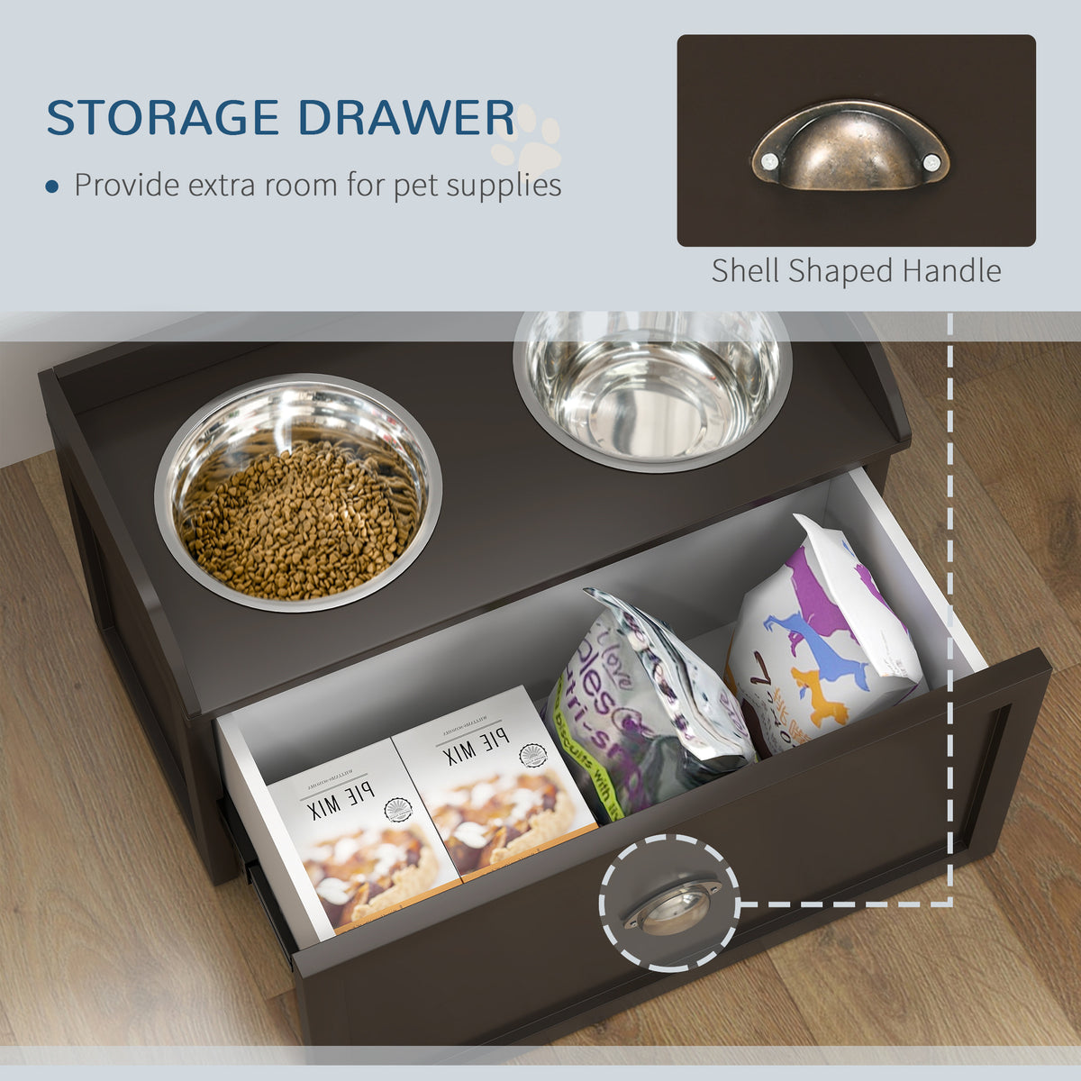 PawHut Large Elevated Dog Bowls with Storage Drawer Containing 21L Capacity Raised Dog Feeding Station with 2 Stainless Steel Bowls Brown | Aosom.com