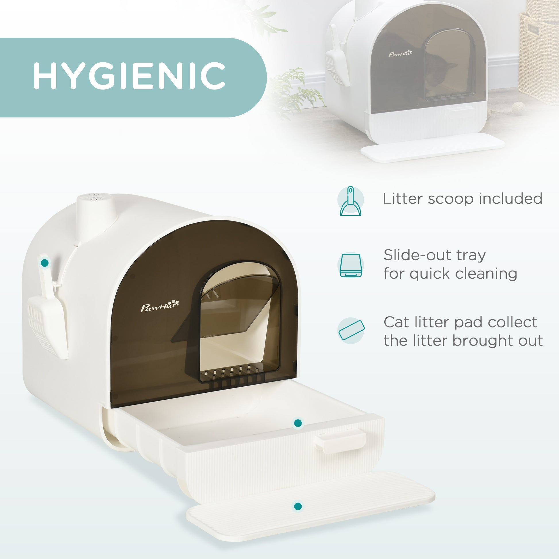 PawHut Covered Cat Litter Box with Lid, Scoop, and Filter, Sleek White | Aosom.com