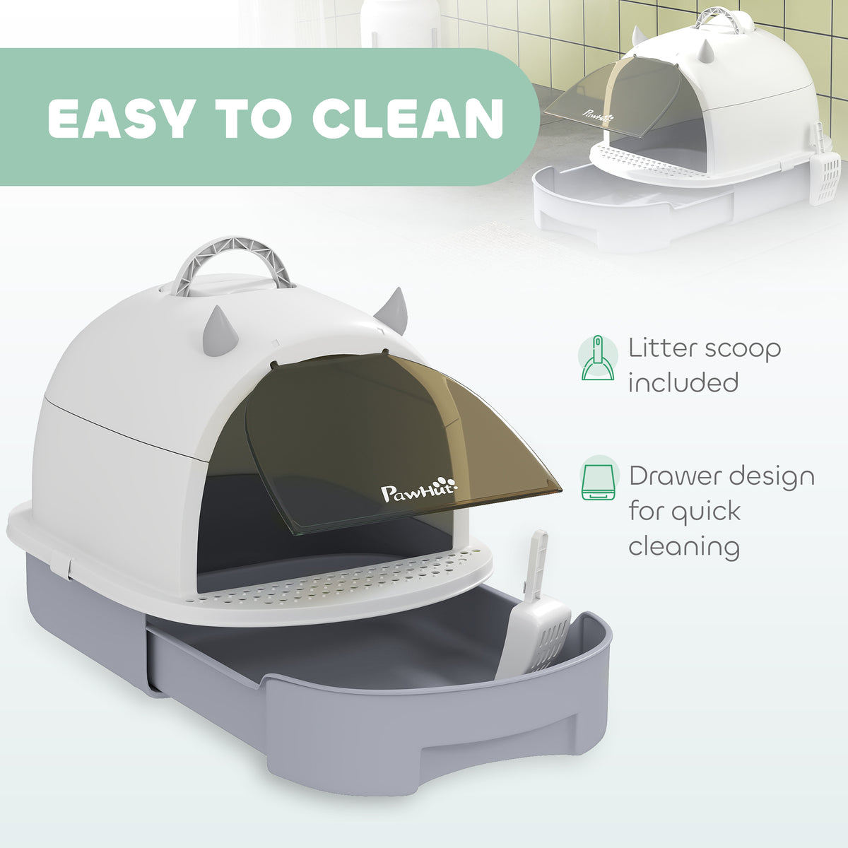 PawHut Covered Cat Litter Box with Lid, Scoop, Deodorizing Bags for Odor Control, Privacy, Easy to Clean, Gray