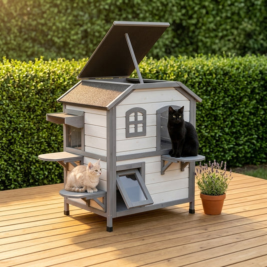 PawHut White Cat Shelter, Weatherproof Outdoor Cat House with 2-Story, Roomy＆Safe Space for 2 Cats, Indoor and Outdoor Use |Aosom.com