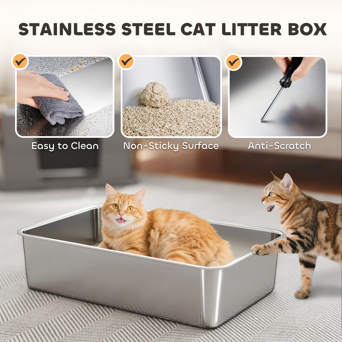 PawHut XL Stainless Steel Litter Box w/ 100° Flip Top, Scoop, Top & Side Entry Enclosed Litter Box for Big Cats