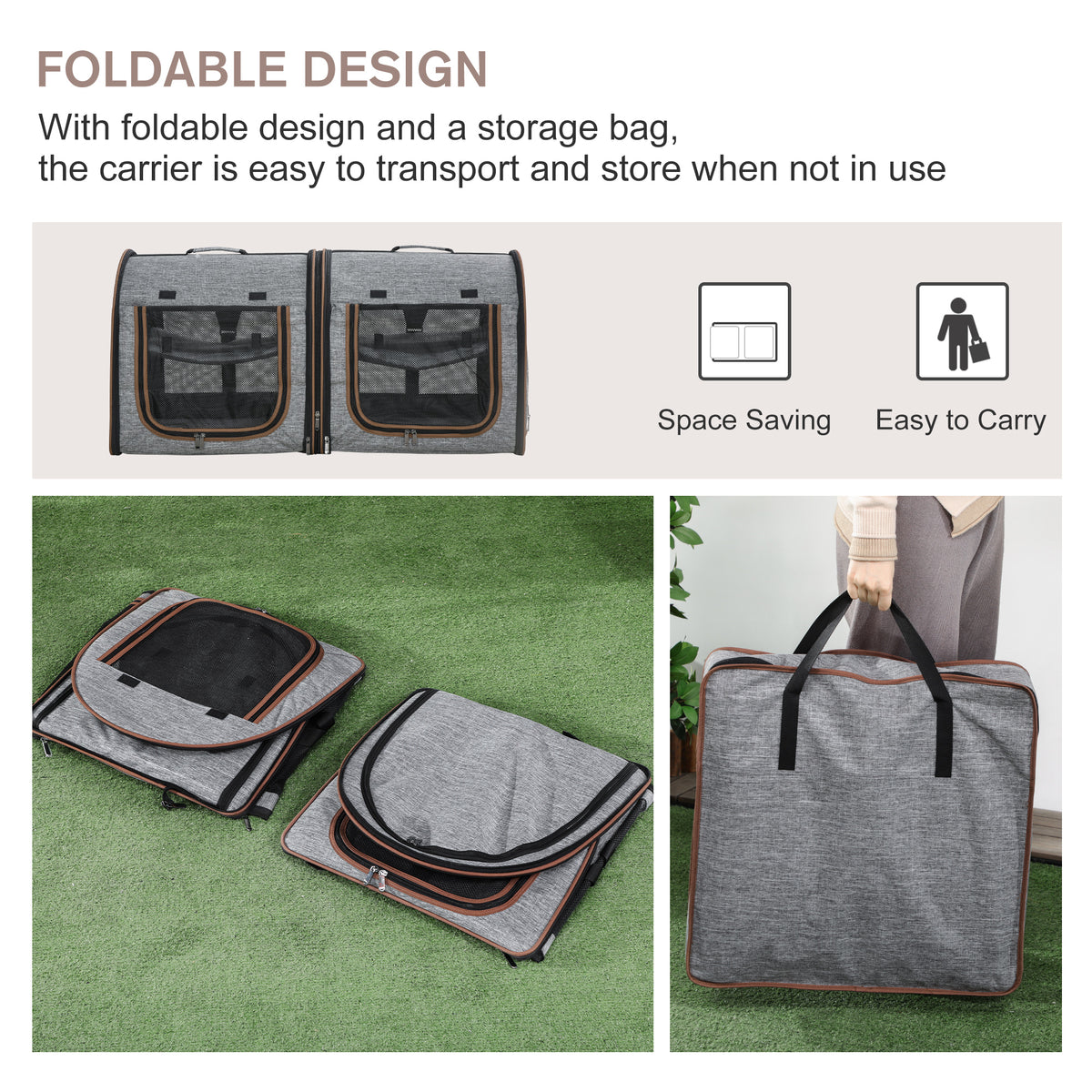 PawHut 39" Portable Twin Compartment Show House Cat Cage/Condo, Soft-Sided Pet kennel, Dual Compartment, Soft Cushions & Storage Bag, Gray
