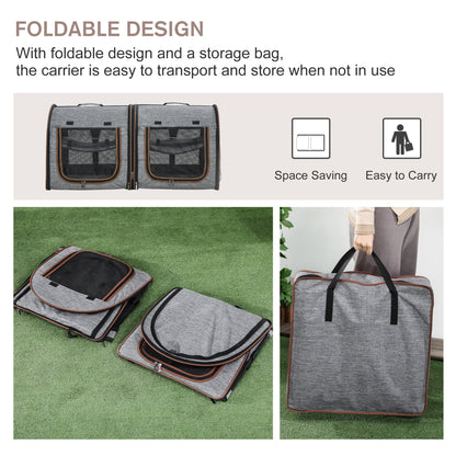 PawHut 39" Portable Twin Compartment Show House Cat Cage/Condo, Soft-Sided Pet kennel, Dual Compartment, Soft Cushions & Storage Bag, Gray