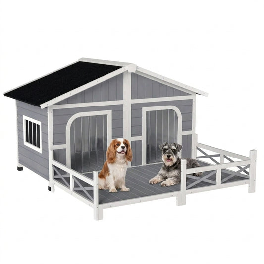 PawHut Wooden Large Dog House Outdoor Cabin Style, Elevated Pet Shelter with Porch, for Small and Medium Breed Dogs, Gray| Aosom.com