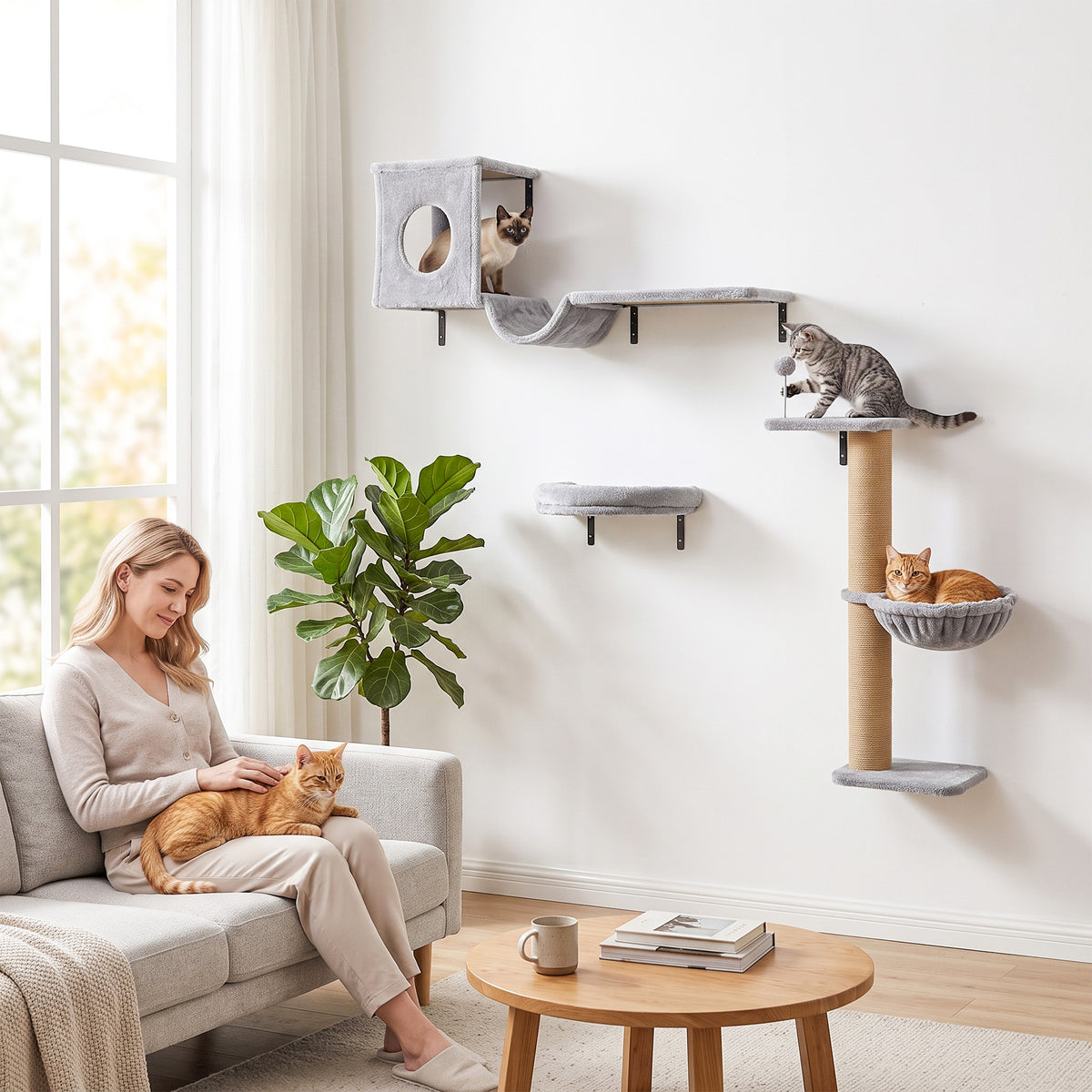 PawHut 3-In-1 Cat Wall Shelves with Condo, Bed, Hammock, Scratching Post and Spring Ball, Gray