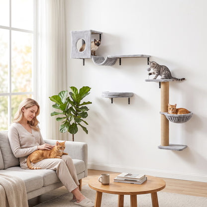 PawHut 3-In-1 Cat Wall Shelves with Condo, Bed, Hammock, Scratching Post and Spring Ball, Gray