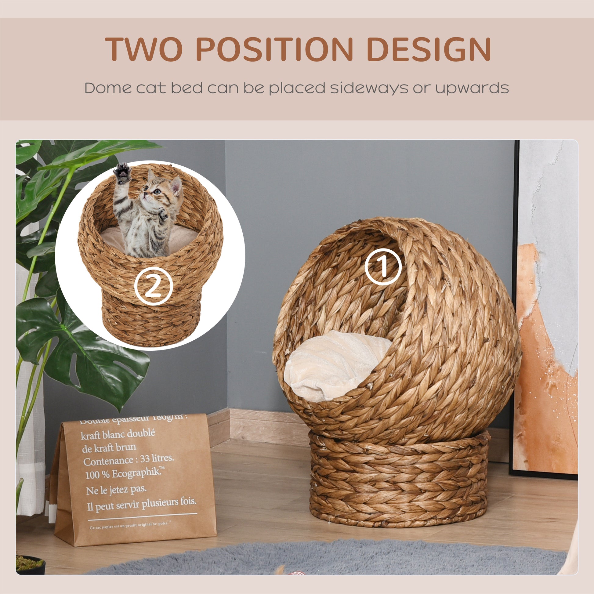 PawHut Wicker Elevated Cat Bed with Soft Cushion Brown Cat Egg Chair Shape Indoor | Aosom.com