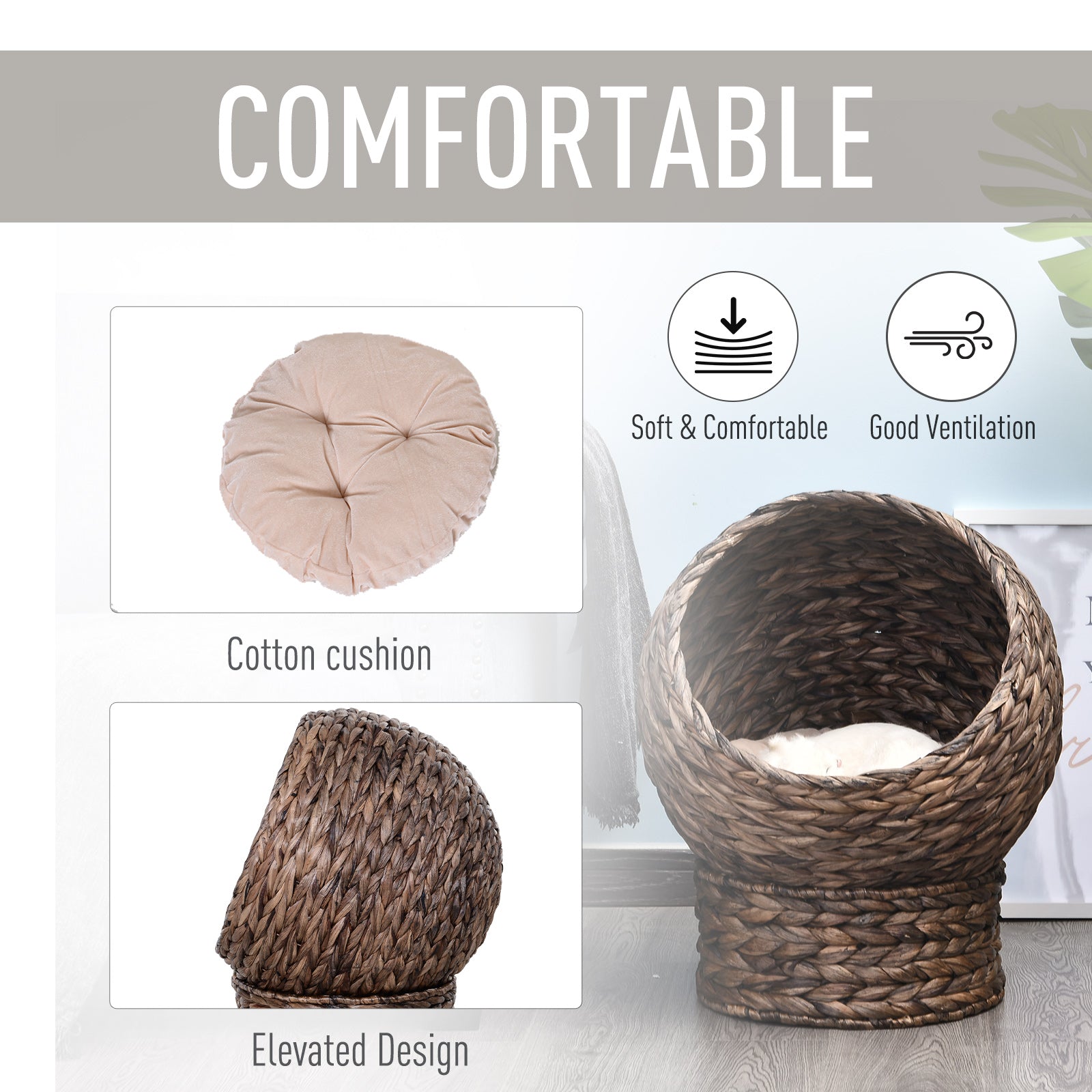 PawHut Handmade Wicker Elevated Cat Bed with Cushion Dark Brown for Kittens | Aosom.com